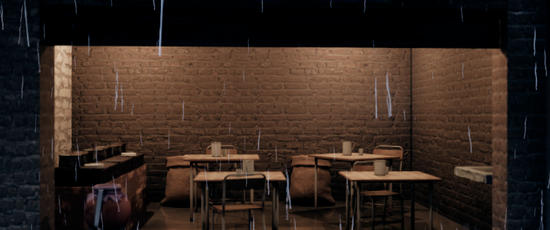 Chai stall dining interior — wooden tables, rain-streaked opening