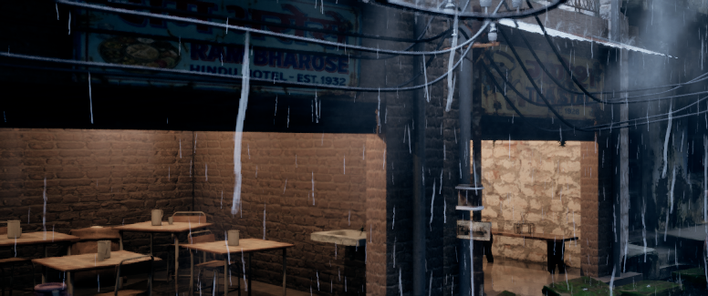 Wider lane view — Ram Bharose Hindu Hotel Est. 1932 signage visible above