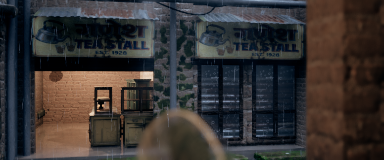 Tea stall exterior facade with double sign, heavy monsoon rain