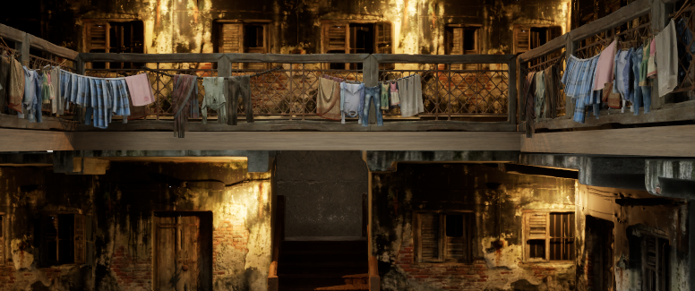 Haveli balcony with clothesline in warm amber tungsten light