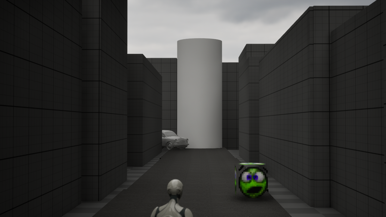 Greybox from different angle — darker lighting test, same white geometry