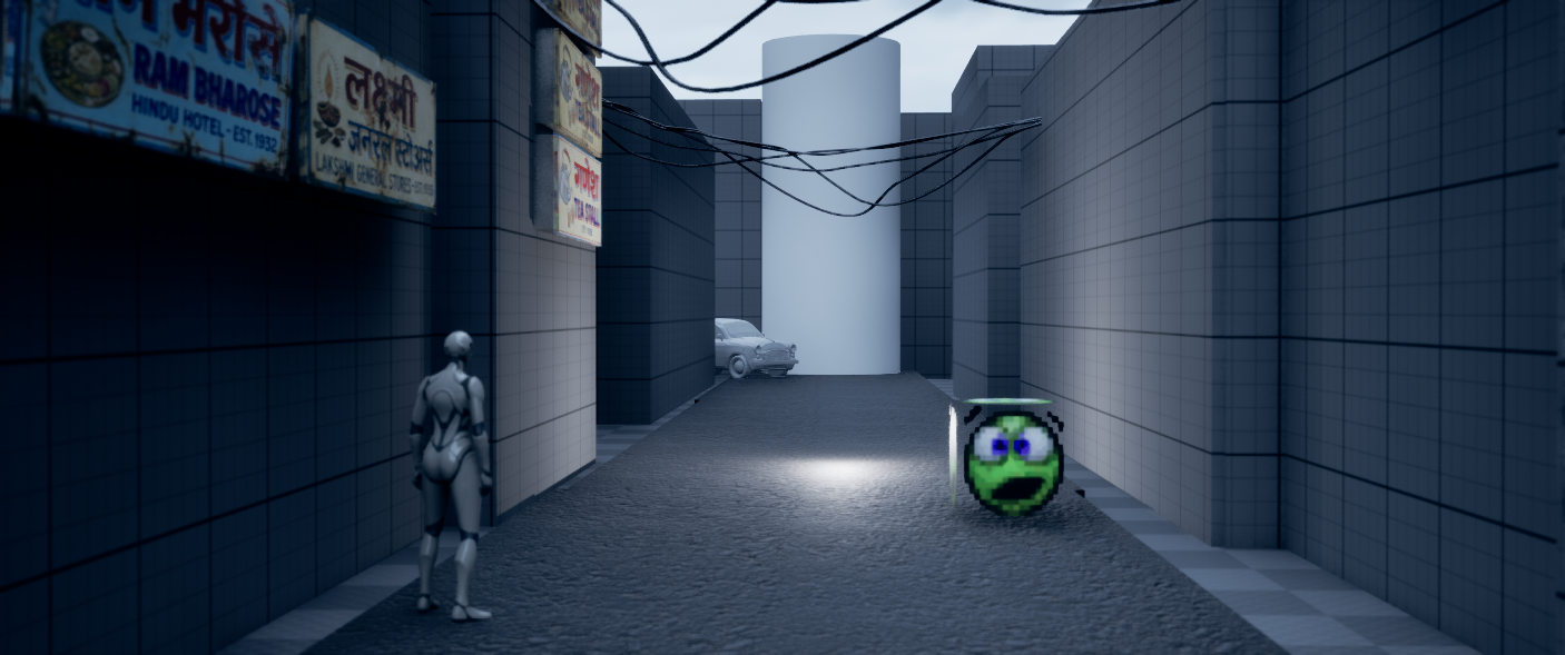 Partial texturing — Ram Bharose, Ganesh Tea Stall signs visible, buildings grey