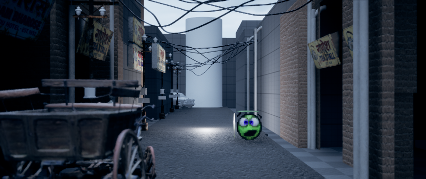 Partial brick texturing applied to first building face, signs clearer