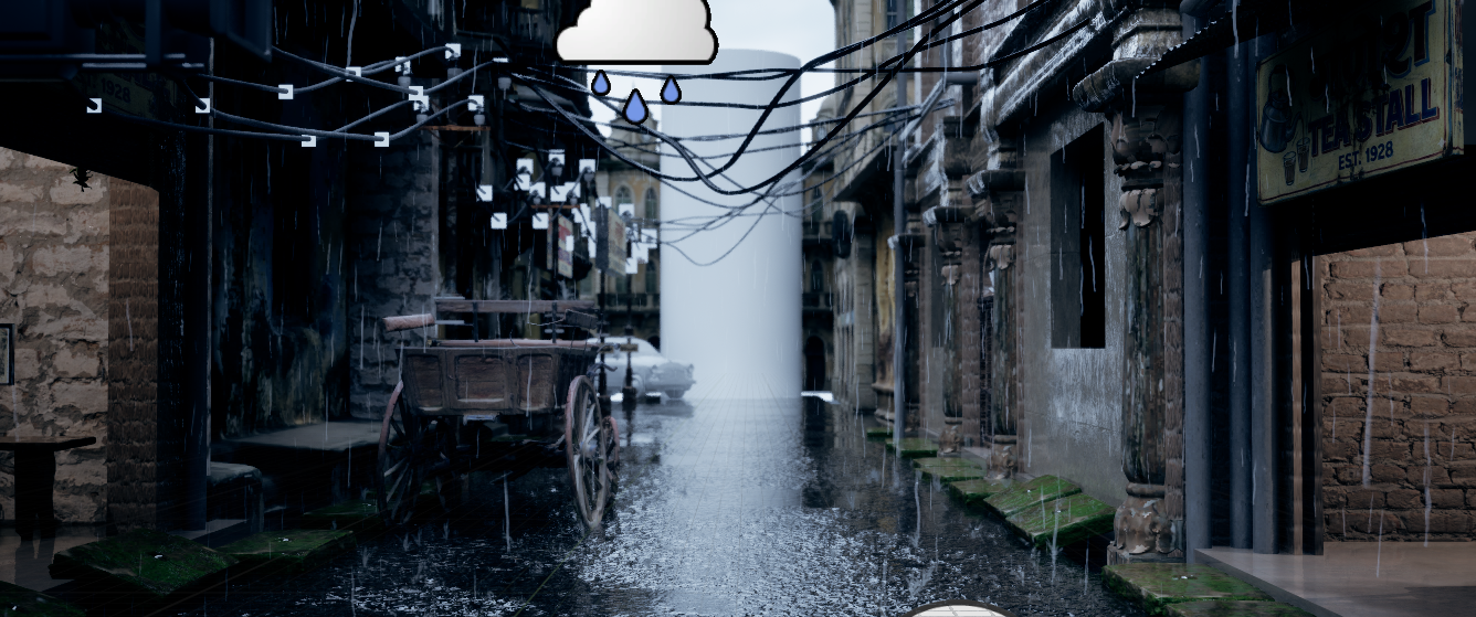 Final wide shot of the rain-soaked galli — flooded cobblestones, bullock cart, tangled wires, tea stall sign