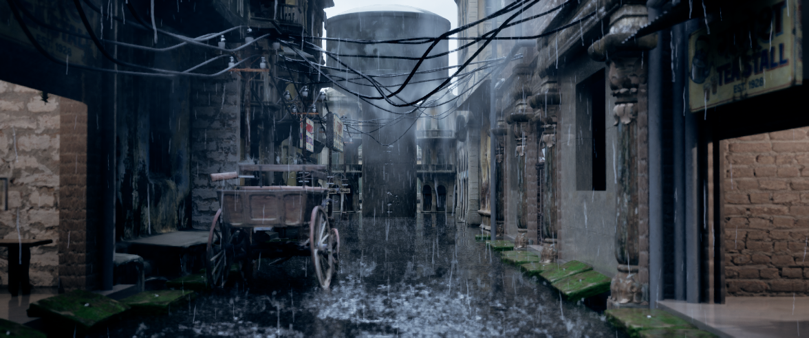 Final galli render — rain-soaked with flooded cobblestones, warm stall glow vs monsoon dark