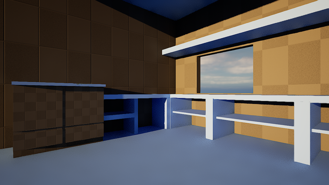 Early scene blockout in white geometry