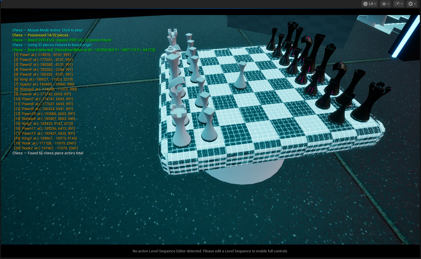 In-game debug overlay — piece possession UI, board coordinate system, AI move output