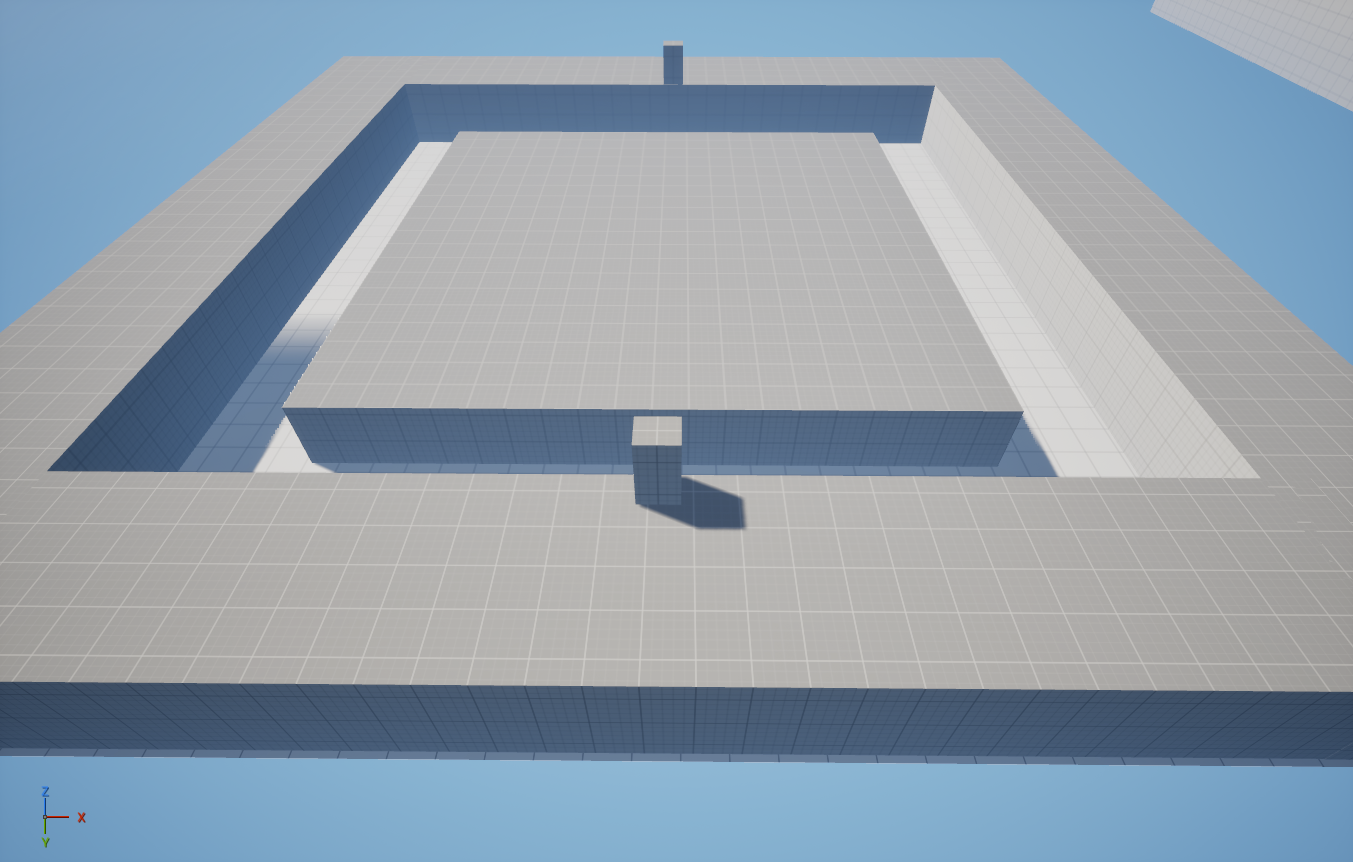 Aerial greybox of the Cerebral Colosseum — white rectangular stadium with two tower stubs