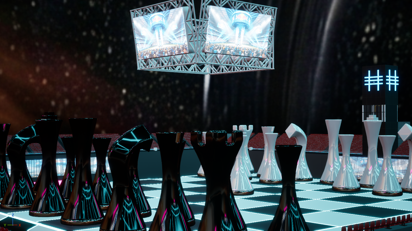 Cerebral Colosseum at night — rows of glowing cyan board, Jumbotron overhead, crowd in seats