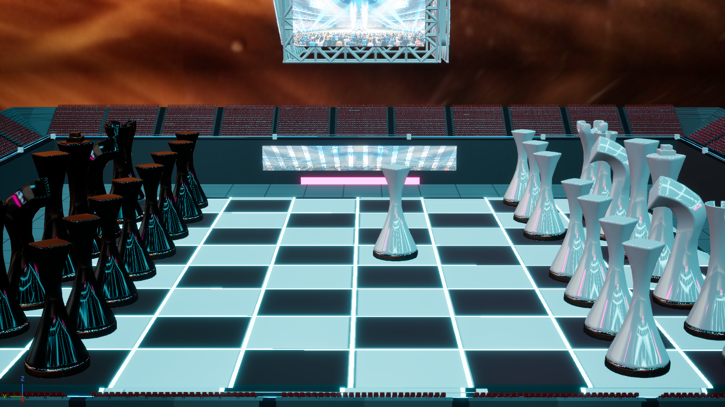 Wide arena view from above — neon grid board, two teams of pieces facing off, scoreboard Jumbotron, orange sky