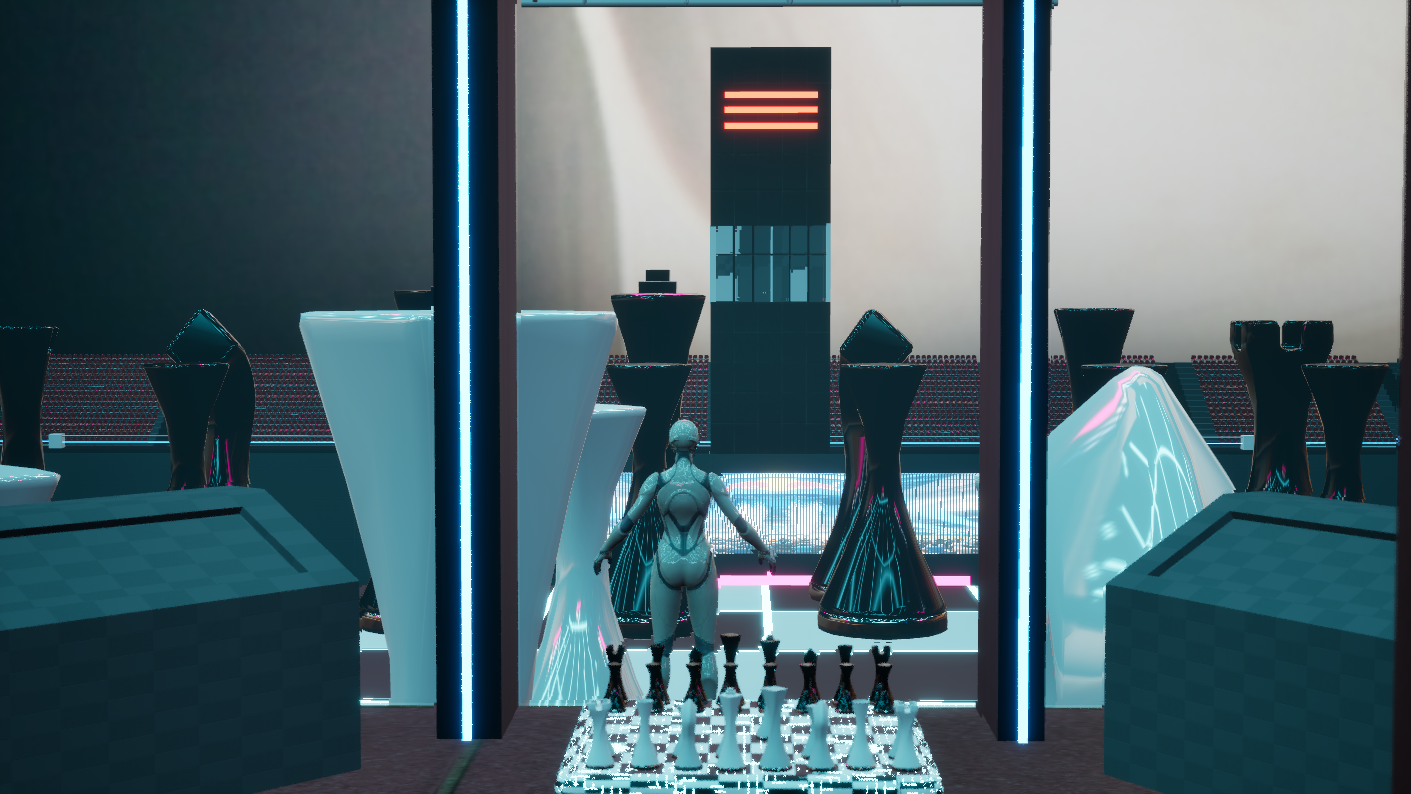 Command tower interior — AI Commander avatar at the holographic war table, neon blue pillars, field visible through window