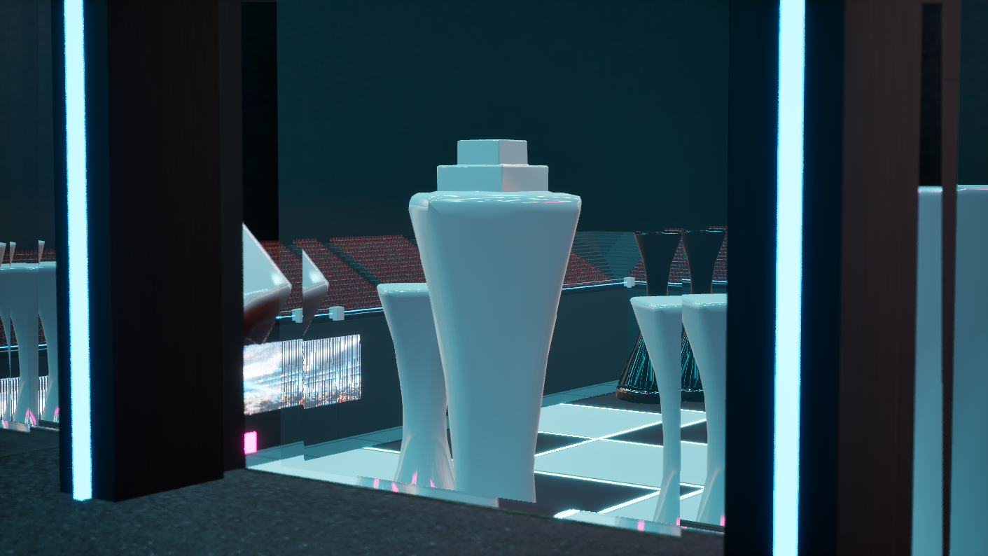 Command tower interior — close-up of matte white king piece, cyan neon frame pillars, view into stadium